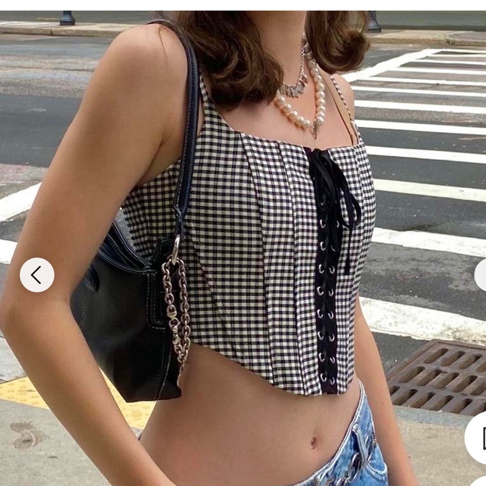Garage Black and White Gingham Lace-Up Crop Top